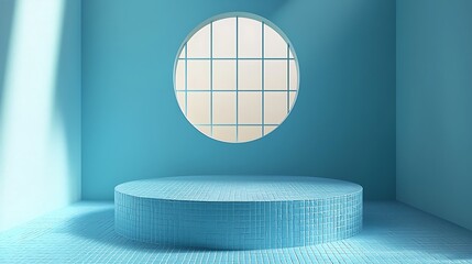 Aufkleber - Minimalist blue pedestal display, empty stage, soft light, window, product showcase