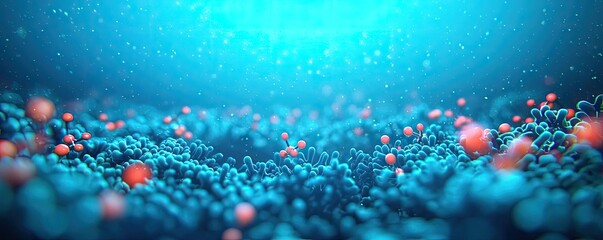 Poster - Ocean acidification concept. Vibrant underwater microscopic world with colorful particles and blue tones.
