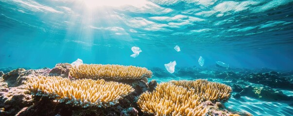 Poster - Ocean acidification idea. Vibrant coral reef beneath the ocean, illuminated by sun rays, showcasing marine life.