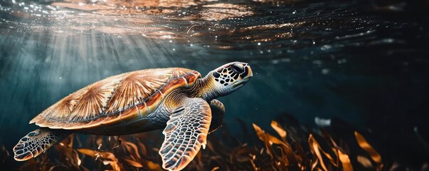 Poster - Ocean acidification idea. A graceful sea turtle gliding through clear ocean waters, illuminated by sunlight.