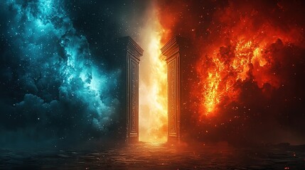 Poster - Heaven paradise and fiery hell gates choice. Door to heaven and hell. Good and evil, light and darkness. God's judgment, Christianity concept. Religious background for design banner, poster ,8k  image