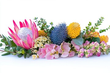 lush botanical arrangement of fresh blooms isolated on pure white background showing intricate natural details