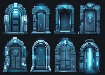 Poster - A contemporary illustration of a space-themed door system, operated by buttons and screens for opening and closing