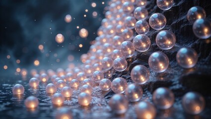 Poster - bubbles of light cascade down a rocky surface creating a captivating, ethereal atmosphere in a seren