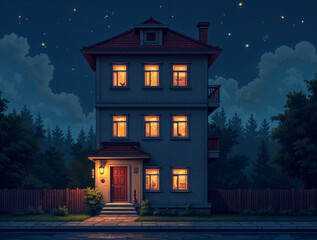 Poster -  pixel art cozy house at night. Generative AI