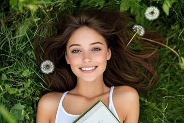 Wall Mural - A pretty Russian teenager, wearing a fashionable summer outfit with a white skirt, is laying in the grass with dandelions, reading a book and smiling.