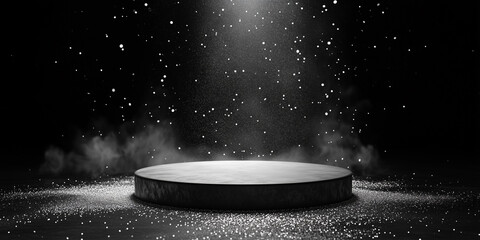 Poster - Black rough podium surrounded by silver light, blinks and sequins, award background and presentation banner. 