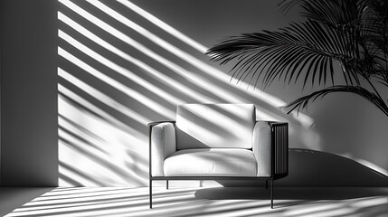 Poster - Modern armchair in sunlit room, minimal design, interior scene, photorealistic render, background image, home decor, potential stock photo