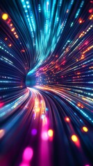 Aufkleber - Vibrant light trails in a tunnel with neon colors creating a dynamic and futuristic scene. Digital technology and innovation concept