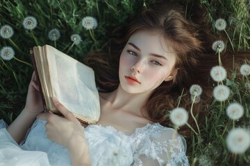 Wall Mural - A pretty Russian girl, laying on the grass in her white dress and reading a book, with dandelions around her.