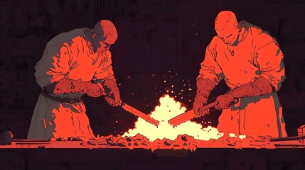 Poster - Iron Forging Craft, workers shaping metal tools in a warm, fire-lit blacksmith environment, intricate scratch board and watercolor style, clear PNG clipart on white background