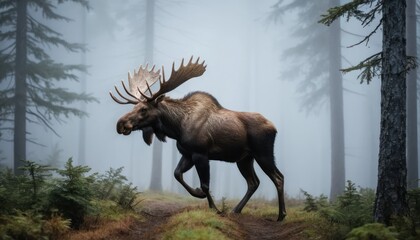 Naklejka na meble Majestic moose striding through a foggy forest