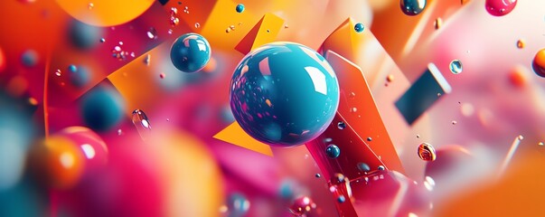 Poster - A 3D abstract composition featuring geometrical forms like triangles, circles, and squares, in a fluid, colorful digital space, blending vibrant tones and sharp angles