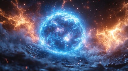 Wall Mural - Blue cosmic orb amidst fiery nebula in deep space, with swirling clouds of gas and stars. Sci-fi and astronomy concept