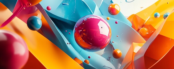 Poster - A 3D abstract composition featuring geometrical forms like triangles, circles, and squares, in a fluid, colorful digital space, blending vibrant tones and sharp angles