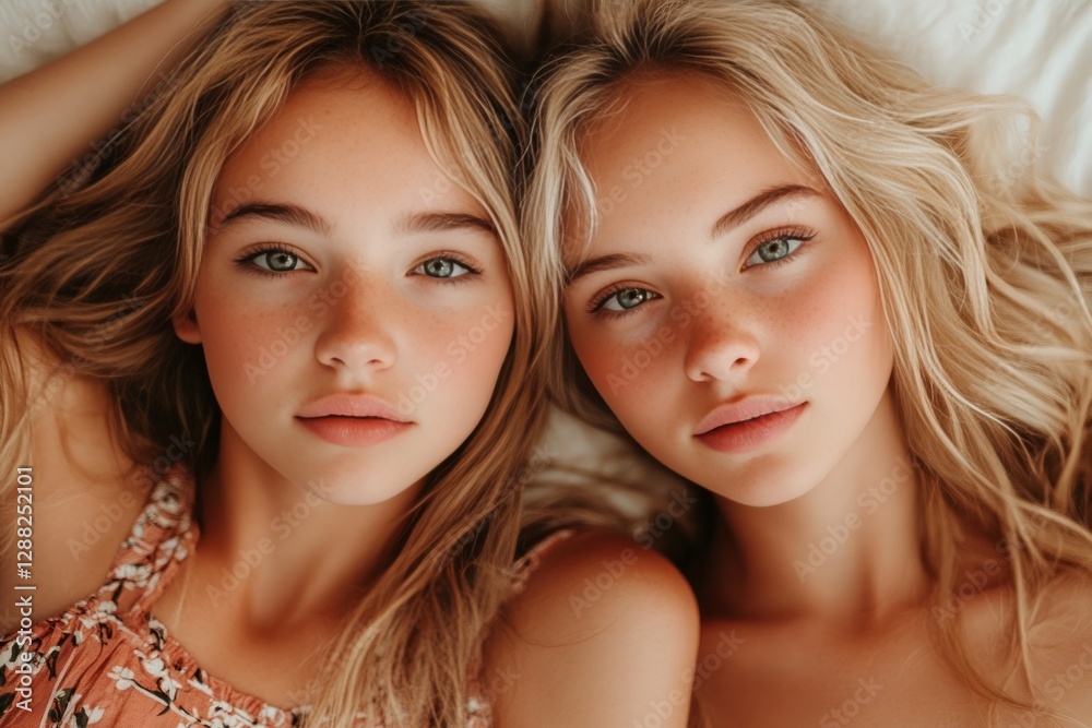 Close-up portrait of twin girls with long blonde hair, fair skin, and