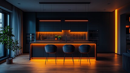 Aufkleber - Modern kitchen with orange accents. Interior design shows contemporary bar stools and built-in appliances