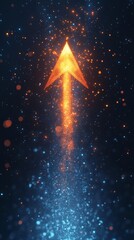 Fototapete - Illuminated orange arrow surrounded by shimmering particles in dark space, futuristic and digital art concept