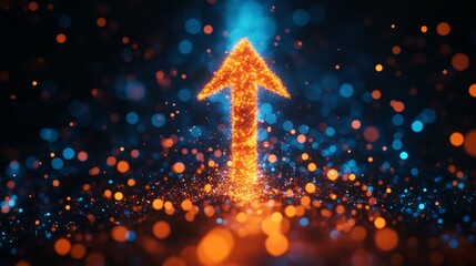Poster - Glowing orange arrow amidst blue and orange bokeh lights on a dark background. Motion and direction concept