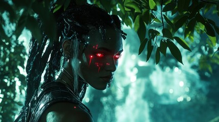 Poster - Futuristic female figure with glowing red eyes amidst lush greenery and shimmering water backdrop