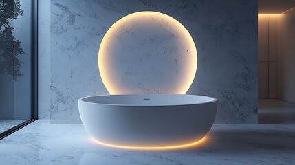 Poster - Modern minimalist bathtub illuminated by glowing circle in spa-like bathroom with marble wall
