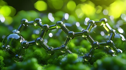 Poster - Molecular structure on green moss. Scientific representation. Possible use in educational materials