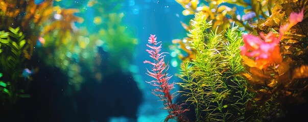 Poster - Ocean acidification idea. Vibrant underwater scene showcasing diverse aquatic plants and colorful marine life.