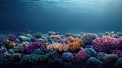 Poster - Ocean acidification concept. Vibrant coral reef teeming with colorful marine life under clear blue water.