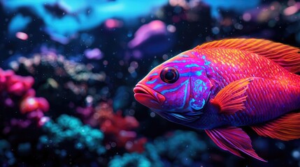 Poster - Ocean acidification idea. Vibrant underwater scene featuring a colorful tropical fish swimming gracefully.