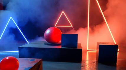 Poster - Geometric shapes and a glowing orange sphere suspended in a neon mist, creating an immersive atmosphere of color and light in a modern art-inspired setting