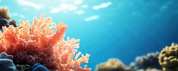 Poster - Ocean acidification concept. Vibrant coral reef thriving in clear blue ocean water showcasing marine biodiversity.