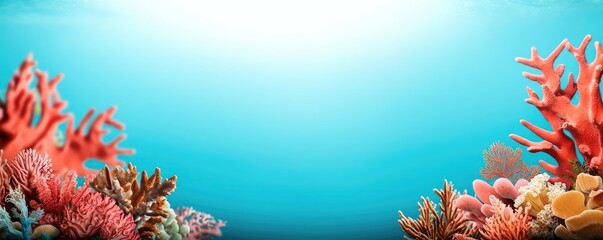 Poster - Ocean acidification concept. Vibrant coral reef with colorful marine life under crystal clear ocean water.