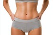 © Iana - Young woman in pants showing her slim waist after weight loss against white background