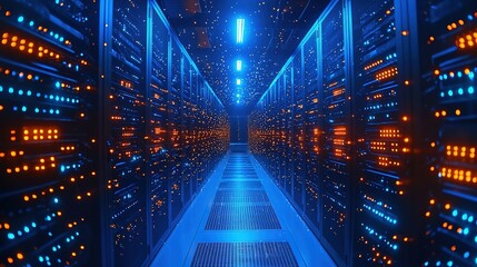 Aufkleber - Information traveling through the data center storage in blue and orange colors. Cloud computer system database infrastructure room, cybersecurity hosting and support, black connection racks 8k image