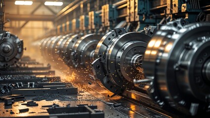 Poster - industrial machinery operates in a factory, showcasing precision, sparks, and efficiency during the 