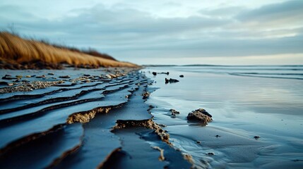 Poster - Ocean acidification idea. Scenic view of a tranquil beach with rippled sand and gentle waves under a cloudy sky.