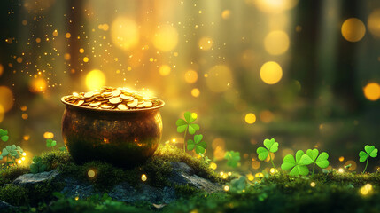 Poster - A pot of gold coins surrounded by four-leaf clovers with glowing bokeh lights in a magical forest setting, symbolizing luck, prosperity, and St. Patrick's Day.
