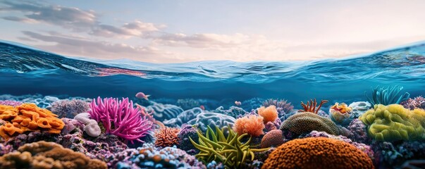 Poster - Ocean acidification idea. Vibrant coral reef teeming with life beneath the tranquil ocean surface.