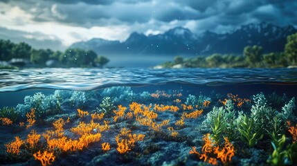 Poster - Ocean acidification concept. Vibrant coral underwater scene with colorful vegetation in a serene lake landscape.