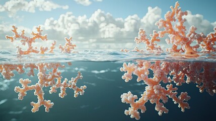 Poster - Ocean acidification concept. Vibrant coral structures illuminated by sunlight, showcasing aquatic beauty.