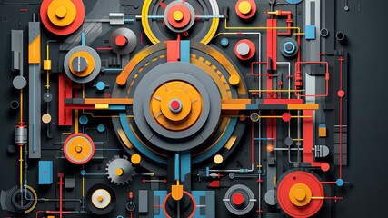 Poster - A vibrant display of geometric tech symbols showcasing intricate patterns and shapes, creating a dynamic yet balanced composition on a dark background