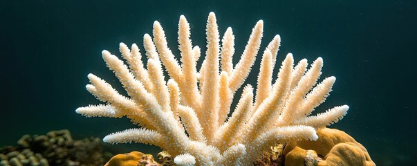 Poster - Ocean acidification idea. Beautiful coral structure thriving in clear ocean waters, showcasing marine biodiversity.