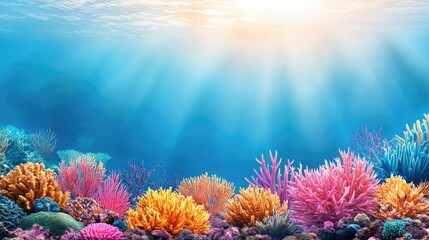 Poster - Ocean acidification idea. Vibrant coral reef underwater with colorful corals and sunlight through water surface.