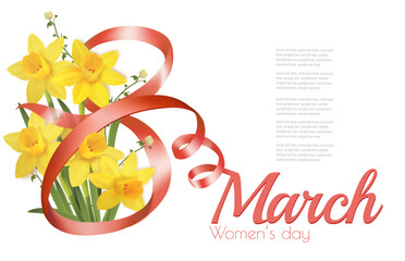 Wall Mural - 8th March illustration with pink and white roses flowers and pink ribbons. International Women's Day. Vector.