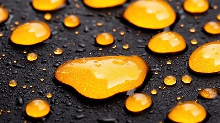 Poster - Close-up view of golden droplets resting on a black surface, highlighting the contrast between colors and textures. water droplets exhibit unique shapes and reflections of light