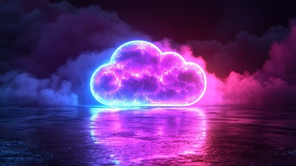 Poster - Neon cloud graphic, vibrant colors, dark background, digital art, 3D illustration, abstract design, could be used for technology or cloud computing presentations