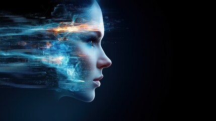Poster - womans profile emerges from a blend of vibrant digital patterns and luminous colors, captivating the viewer with a mix of technology and human form, symbolizing innovation and identity