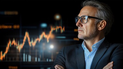 Poster - business professional wearing glasses and a suit evaluates financial data and stock market trends. dark background highlights dynamic charts and graphs that signify market fluctuation