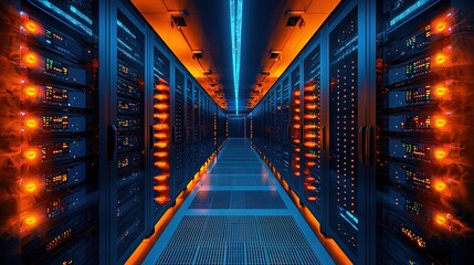 Poster - information traveling through the data center storage in blue and orange colors. cloud computer syst