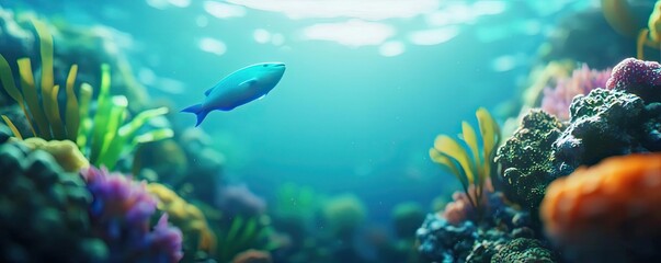 Poster - Ocean acidification concept. Vibrant underwater scene with colorful corals and a fish swimming peacefully.